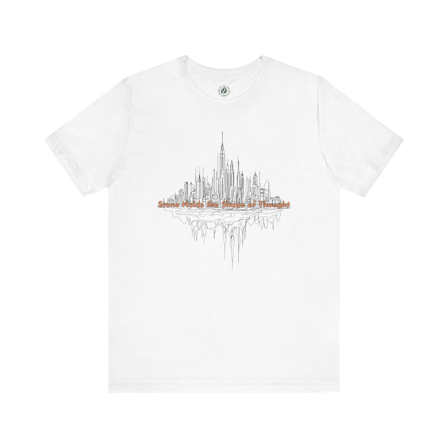 White t-shirt with a urban skyline graphic tee inspired by architecture and city life on a white background, by Studio Nature Design brand