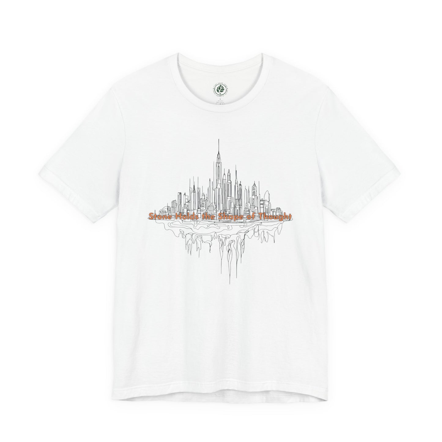 White t-shirt with a urban skyline graphic tee inspired by architecture and city life on a white background