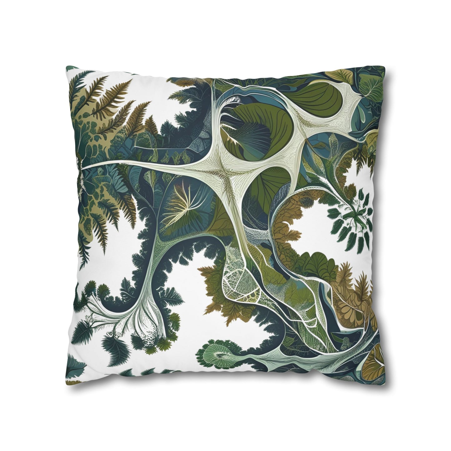 Botanical pillowcase with abstract leaf and root patterns in green and brown tones, featuring vein-like lines and leafy structures.
