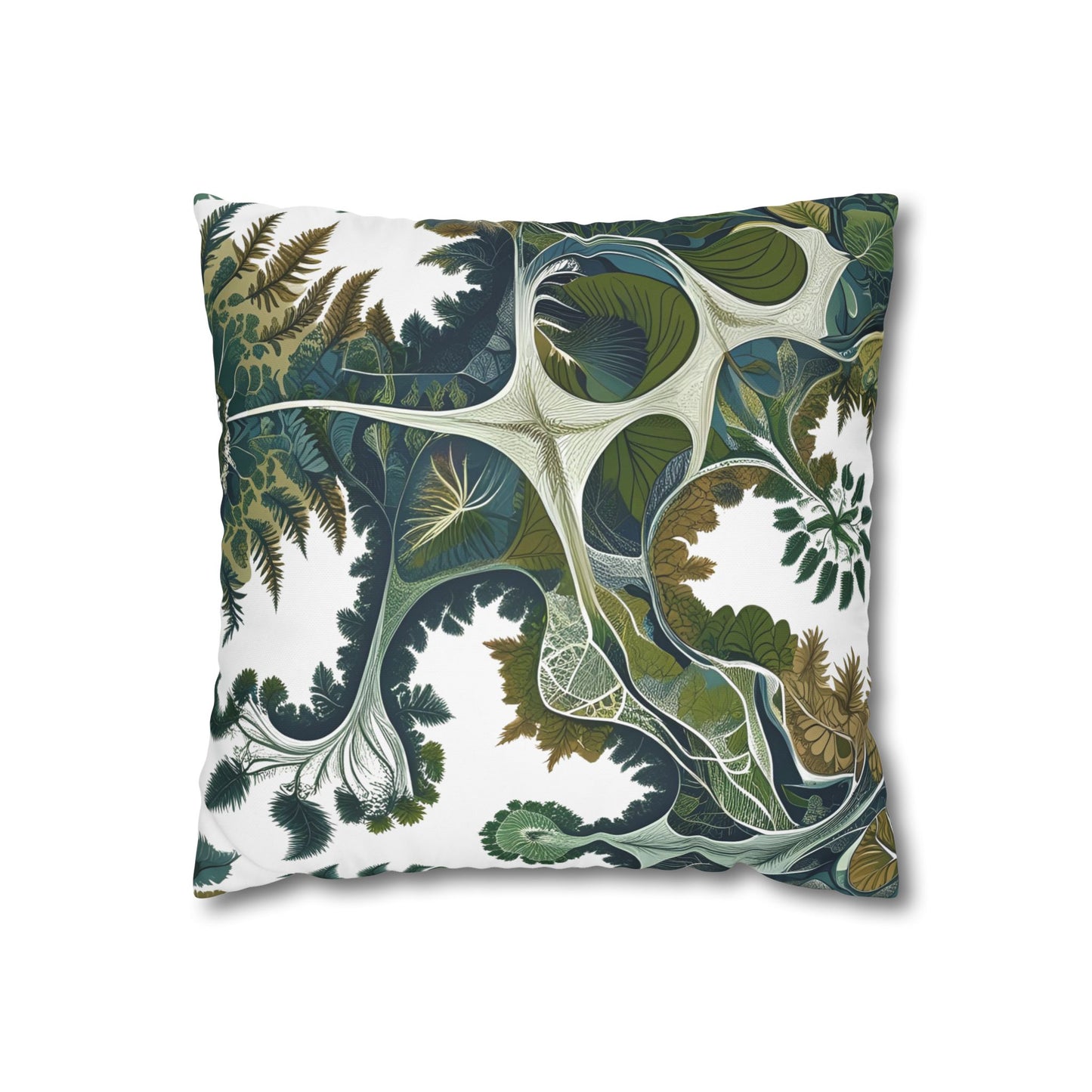 Botanical pillowcase with abstract leaf and root patterns in green and brown tones, featuring vein-like lines and leafy structures.