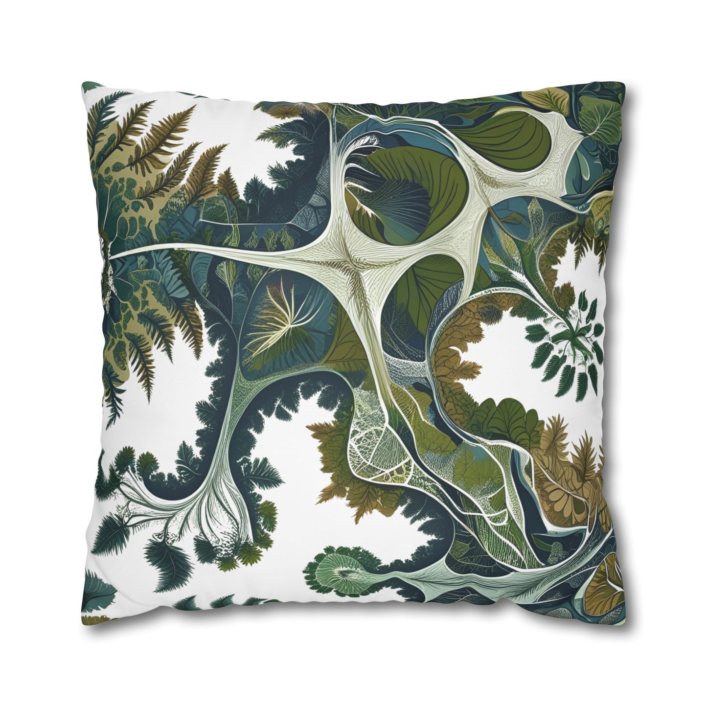 Botanical pillowcase with abstract leaf and root patterns in green and brown tones, featuring vein-like lines and leafy structures.