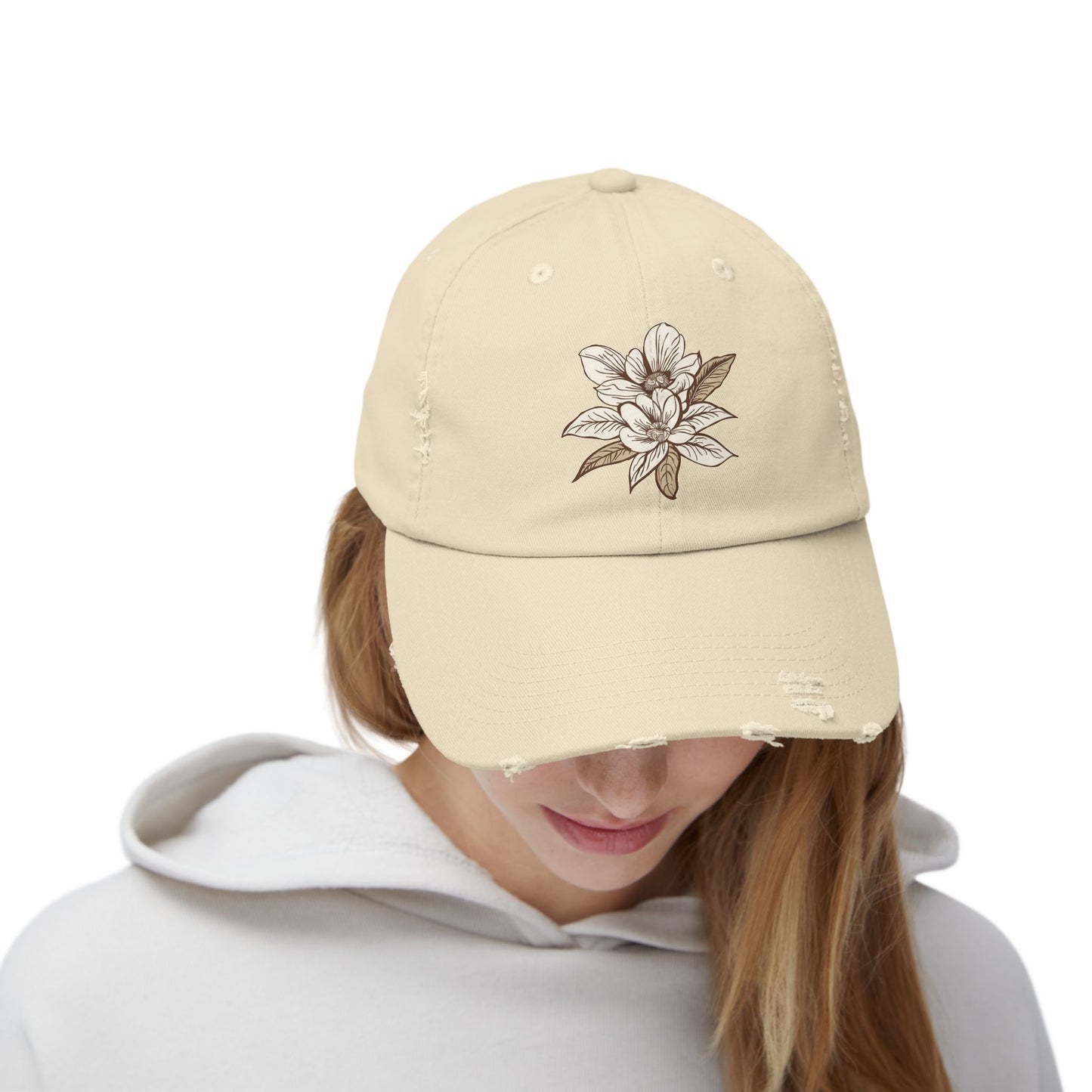 Vintage Magnolia Floral Hat - Nature-Inspired Distressed Cap