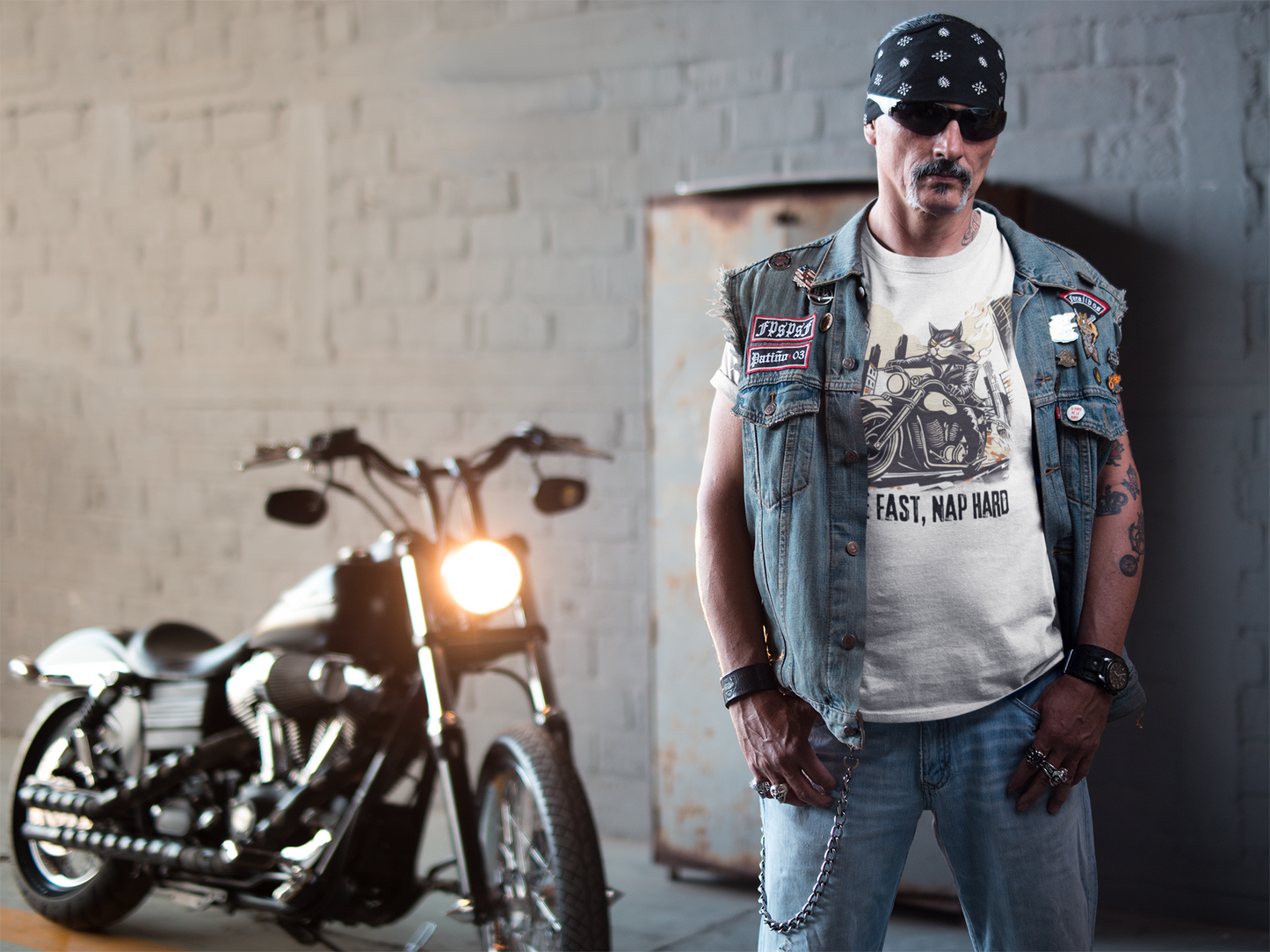 A biker person standing next to a motorcycle, wearing cat graphic tee with Ride Fast Nap Hard slogan, funny motorcycle cat t shirt for cat dads and nap lovers