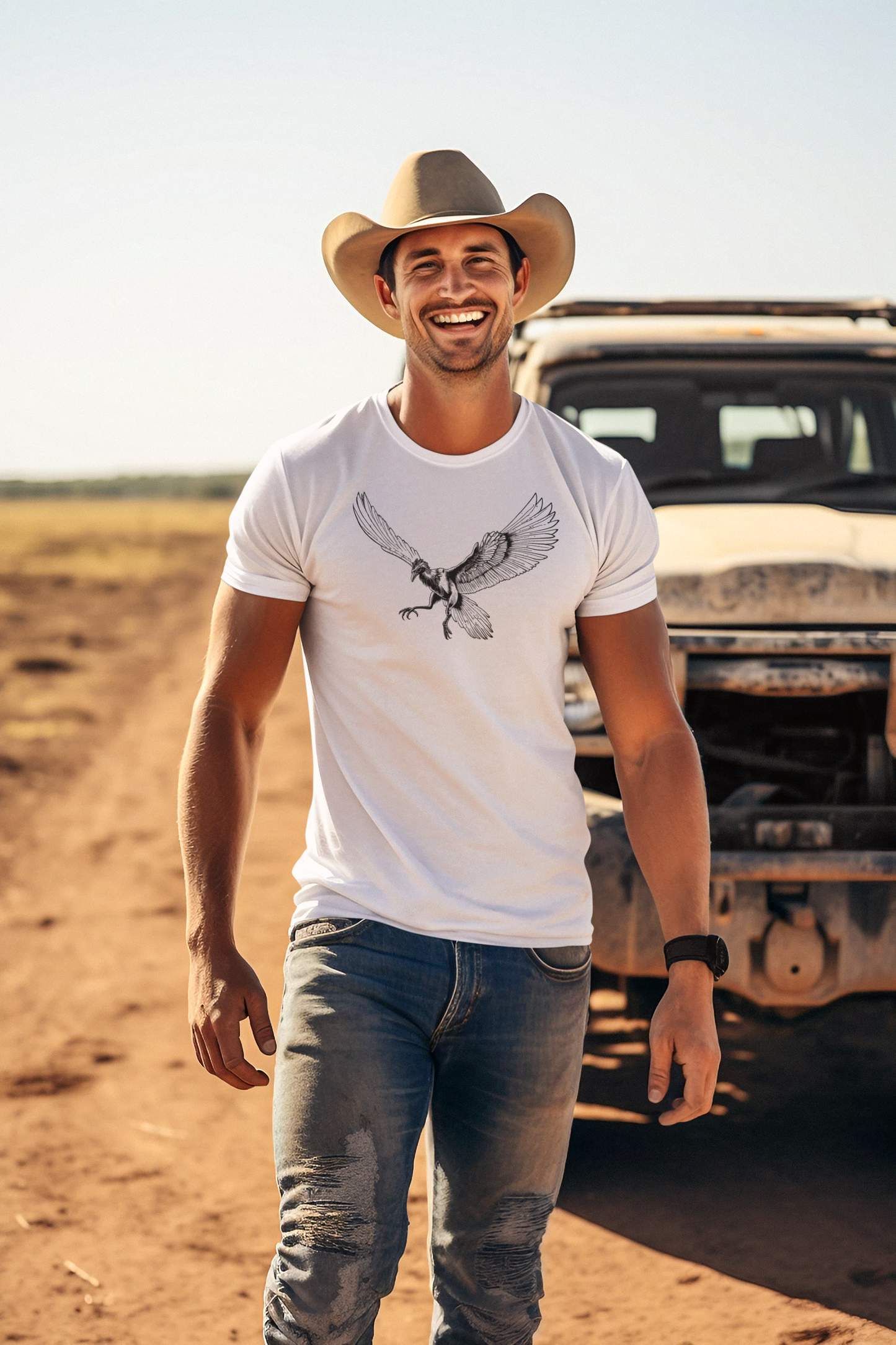 Minimalist black line drawing of Archaeopteryx with outstretched wings printed on white unisex cotton t-shirt, nature and evolution-inspired design