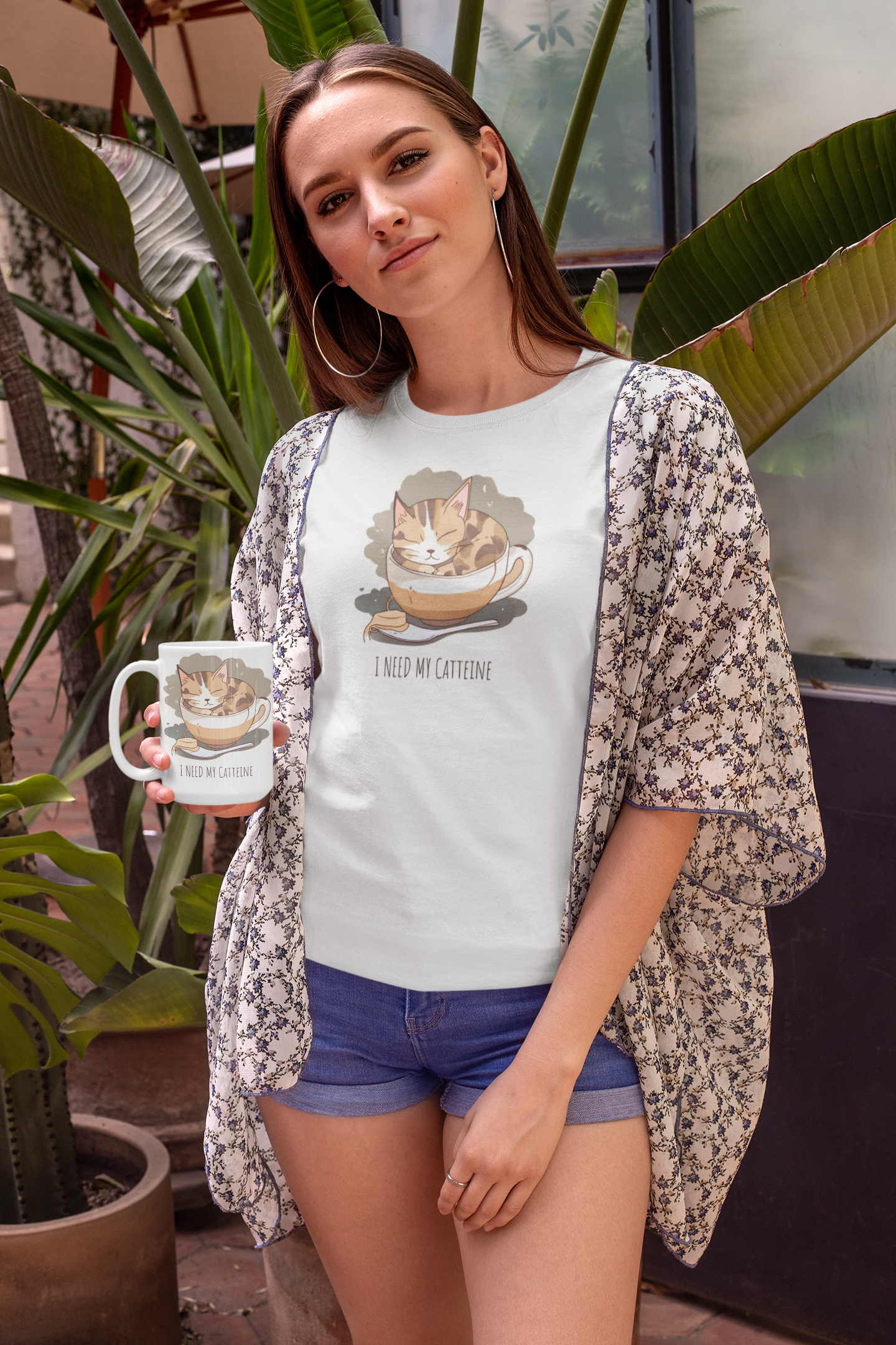 Catteine Mode Tee | Cozy Cat & Coffee Lover’s T-Shirt