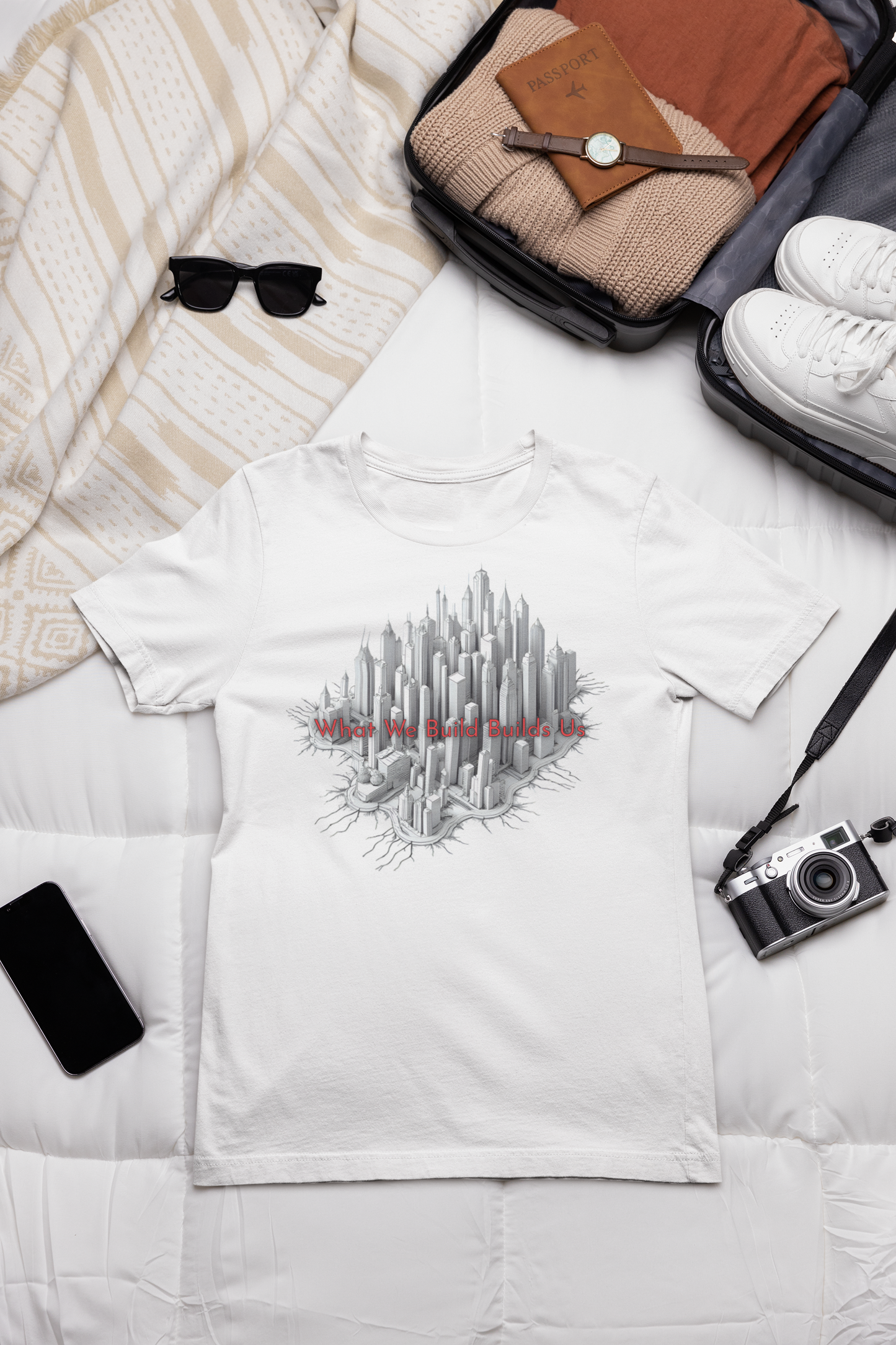 White t-shirt with modern city lover tee for travelers and streetwear fans laid out on a bed with travel items around