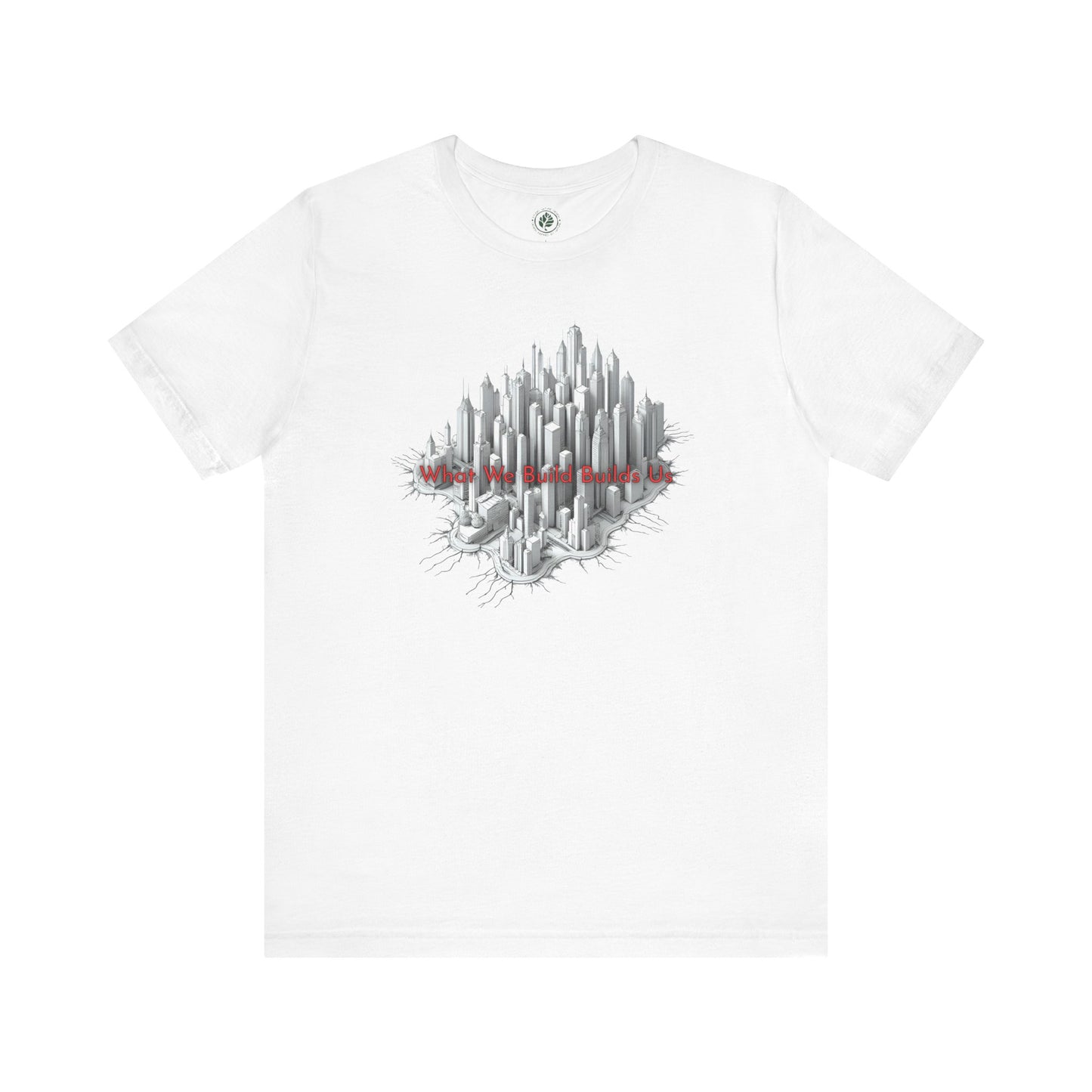 White t-shirt with a cityscape graphic and text on a white background