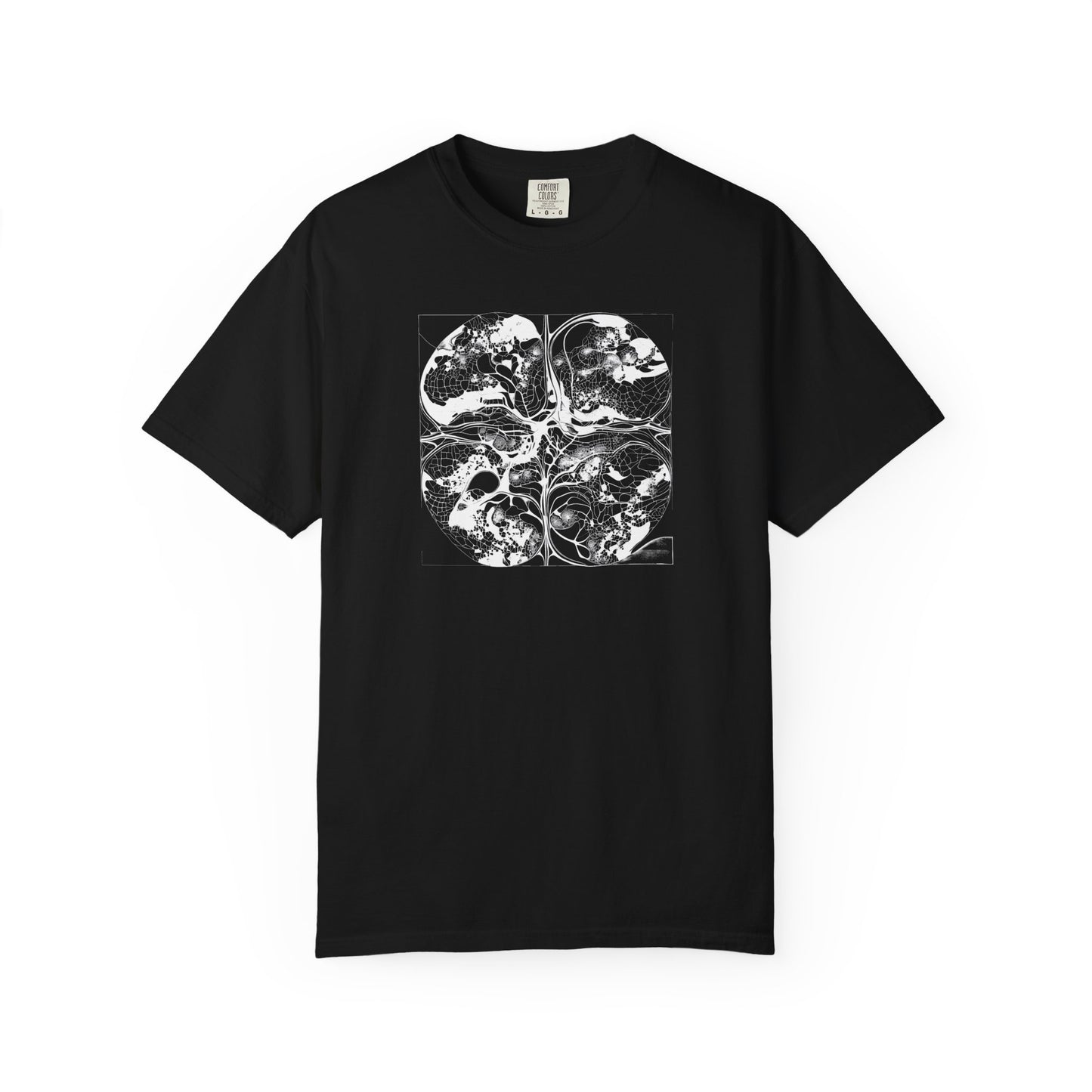 Black and white t-shirt with abstract neural-city web line art, minimalist urban pattern.