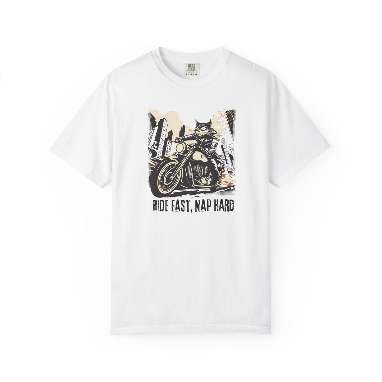 Ride Fast Nap Hard motorcycle humor t shirt with cool cat design, unique gift tee for cat lovers and road rebels