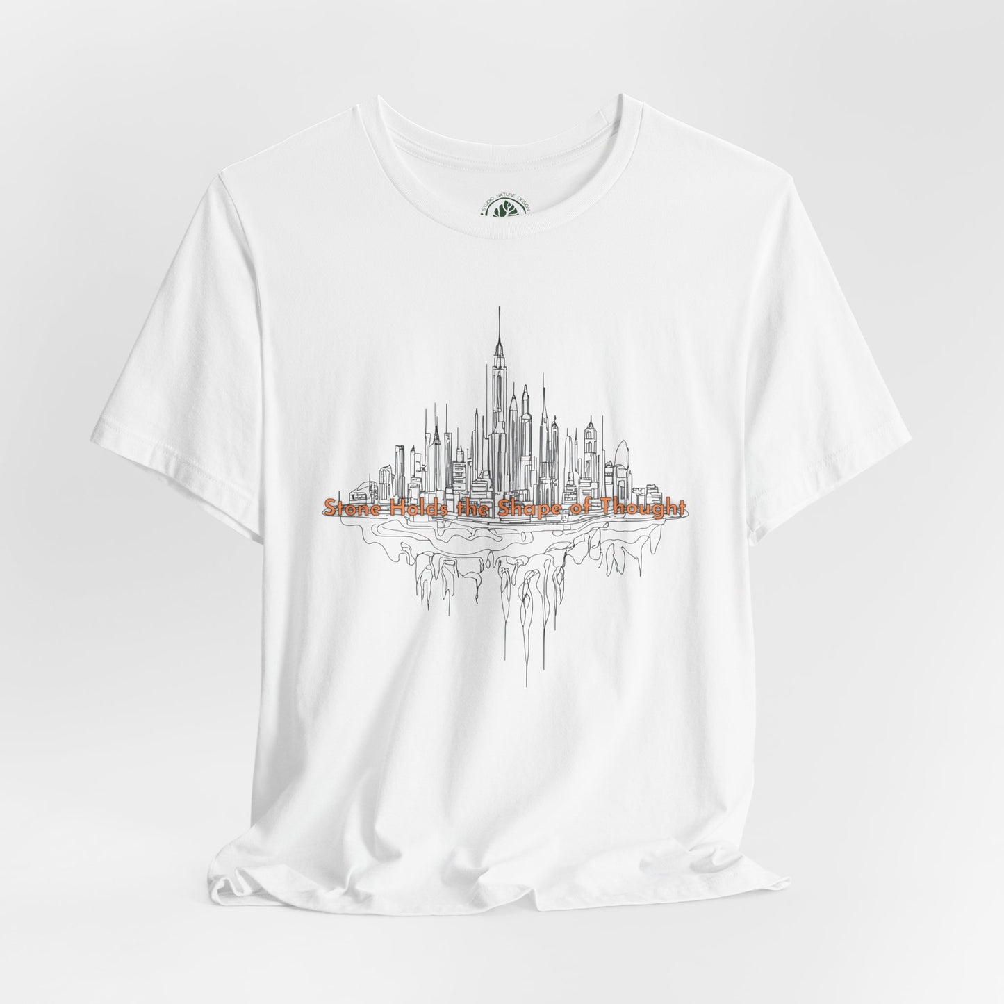 White t-shirt with a urban skyline graphic tee by Studio Nature Design brand inspired by architecture and city life on a white background