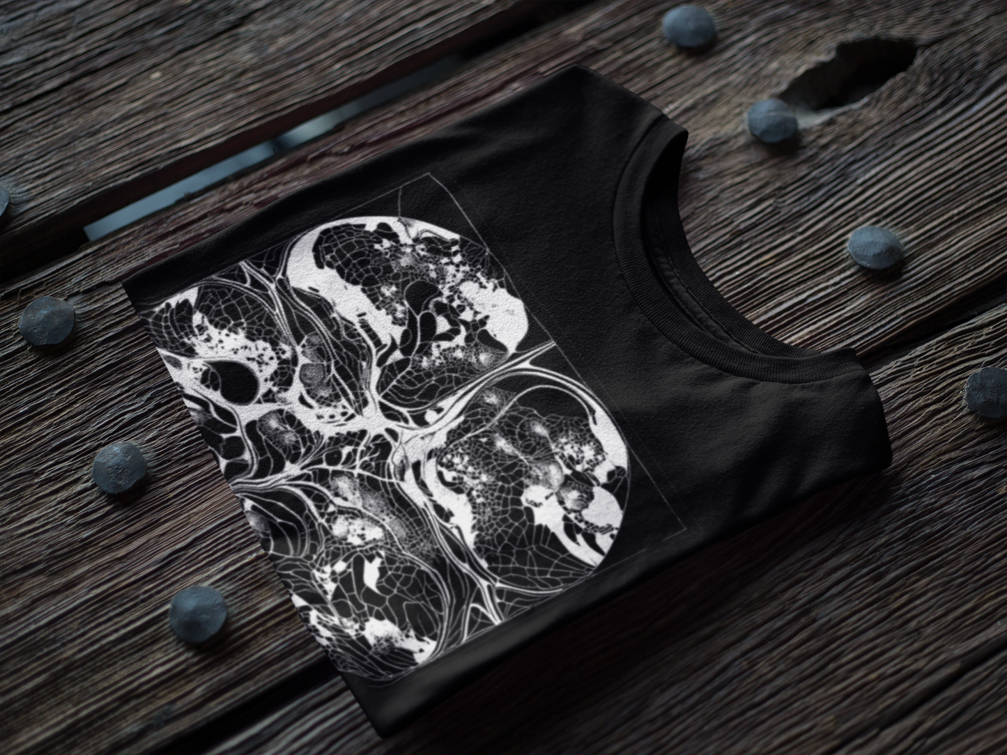 Black tank top with abstract neural-city web line art, minimalist urban pattern t-shirt on a wooden surface