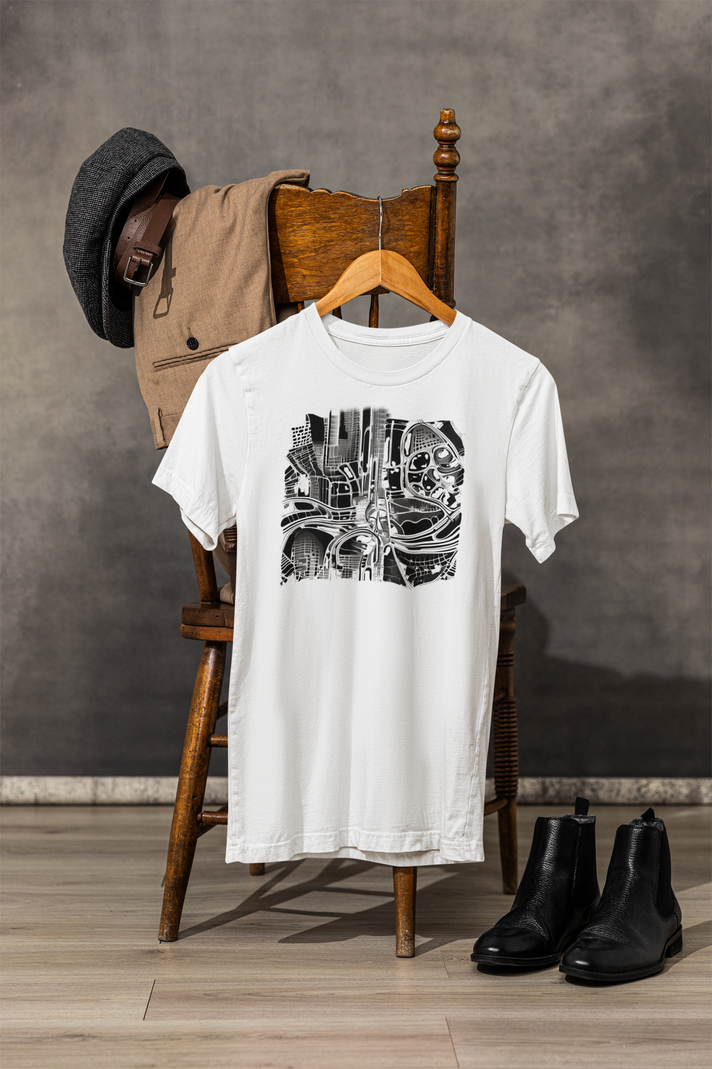 Black and white unisex t-shirt with abstract design inspired by city facades, jazz rhythm, and architectural street patterns; bold and modern.