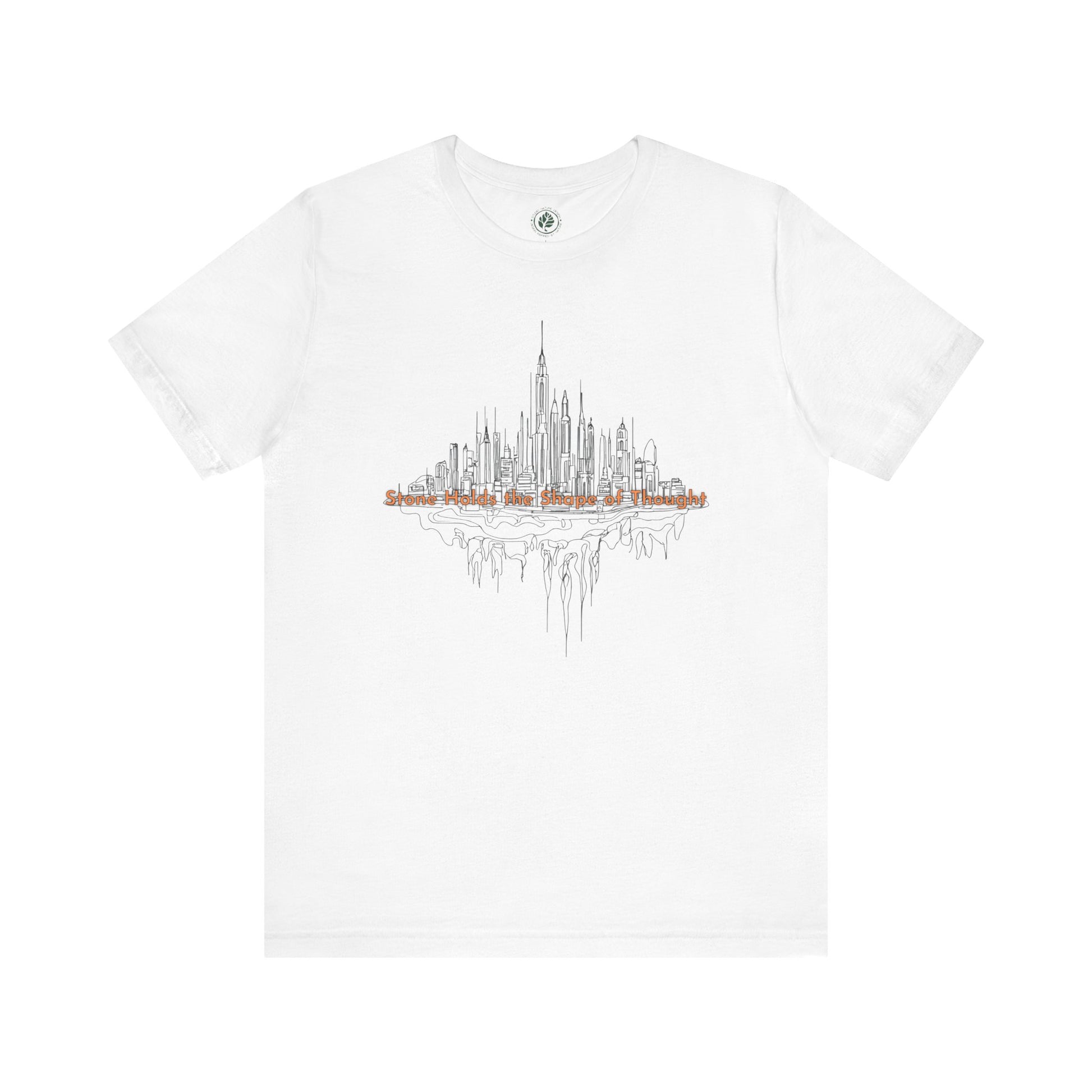 White t-shirt with a urban skyline graphic tee inspired by architecture and city life on a white background, by Studio Nature Design brand