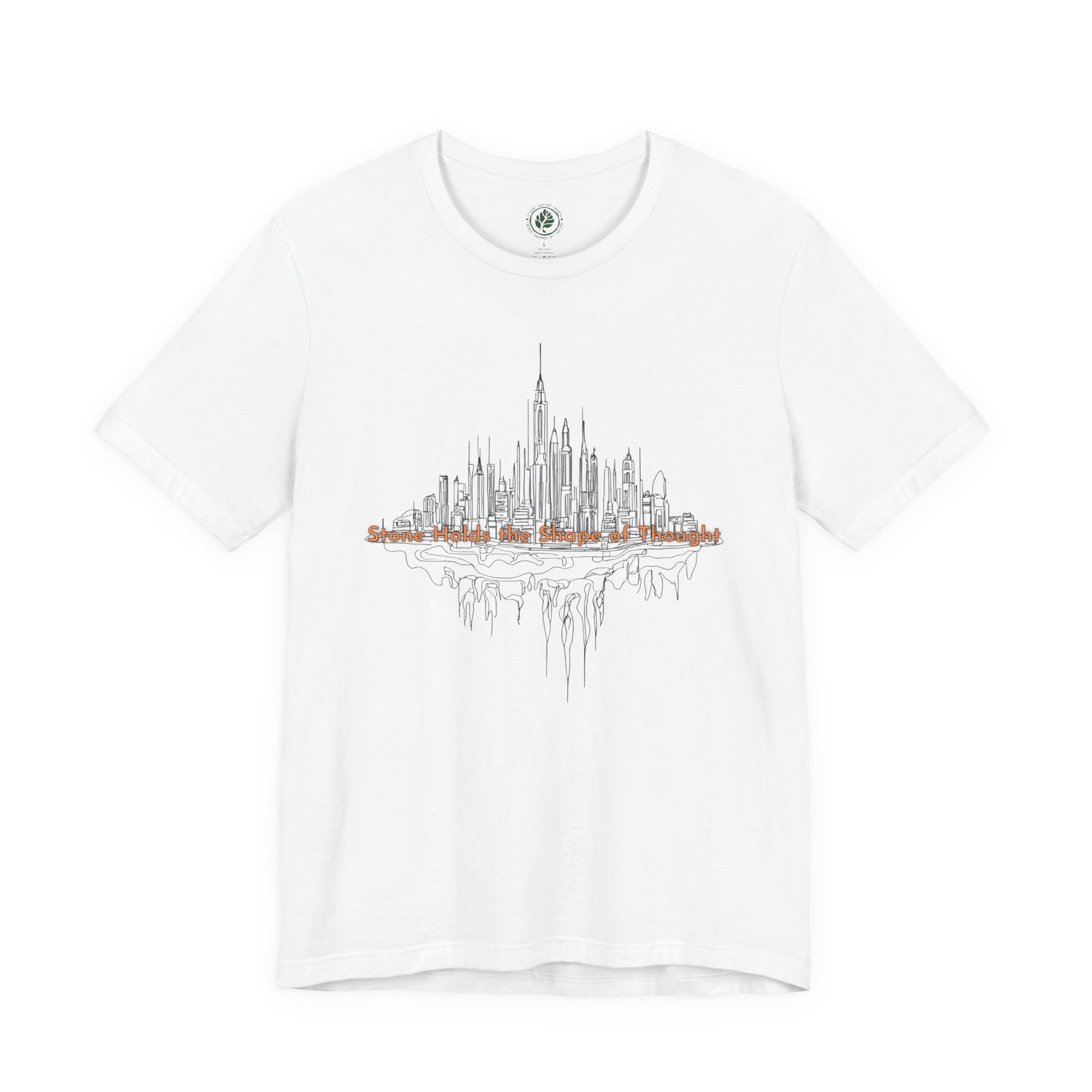 White t-shirt with a urban skyline graphic tee inspired by architecture and city life on a white background