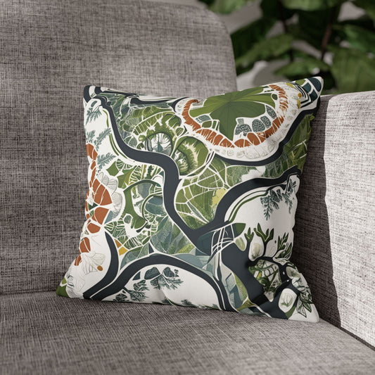Botanical art pillowcase with abstract nature design pattern on a gray couch