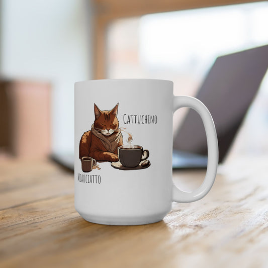 Ceramic mug with cute ginger cat coffee illustration and witty pun; ideal funny gift for cat lovers, coffee enthusiasts, and cozy mornings.