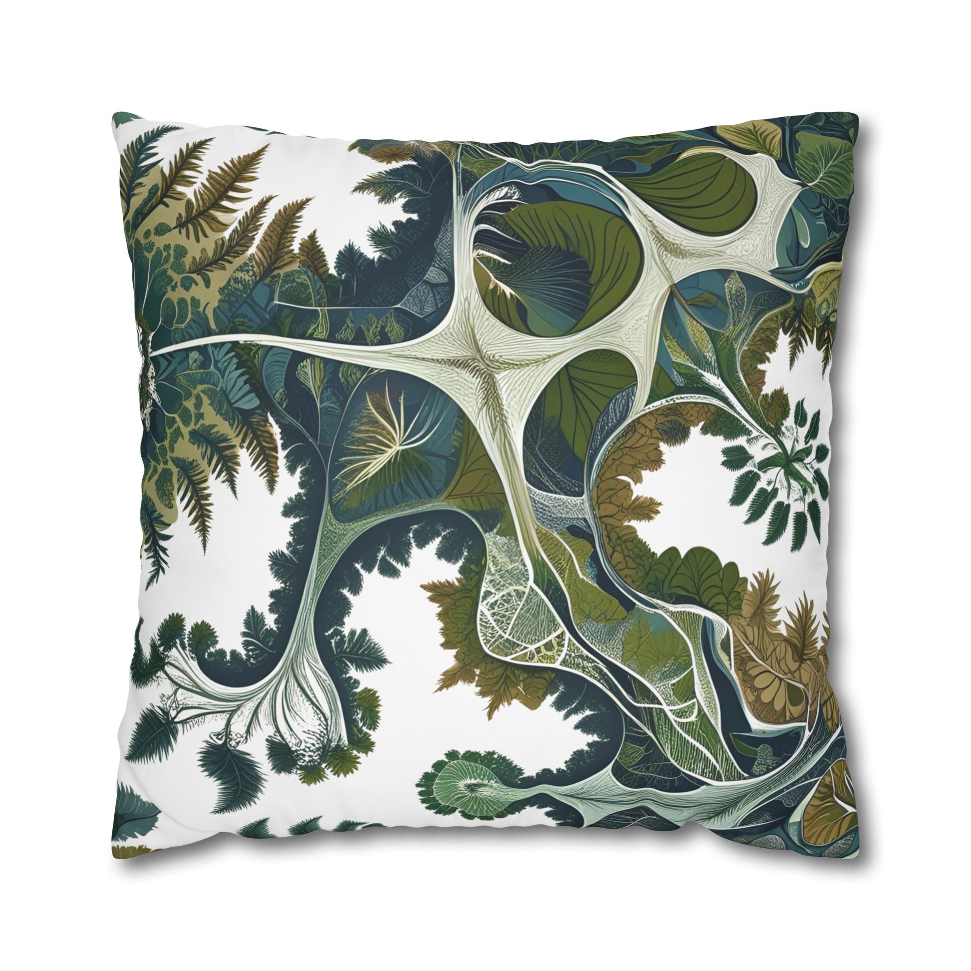 Botanical pillowcase with abstract leaf and root patterns in green and brown tones, featuring vein-like lines and leafy structures.