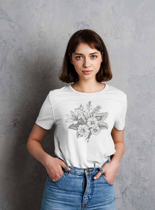 Minimalist black and white floral print on unisex cotton t-shirt, botanical line art style, elegant nature-inspired fashion for modern creatives