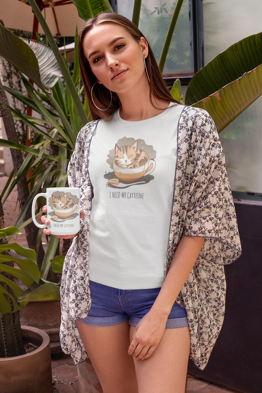 Catteine Mode Tee | Cozy Cat & Coffee Lover’s T-Shirt