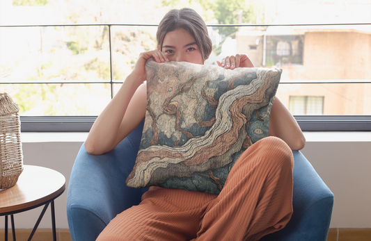 Woven tapestry pillow with abstract earth-toned landscape design in rustic blues and ochres; soft cotton blend; ideal for boho, nature-inspired home décor.