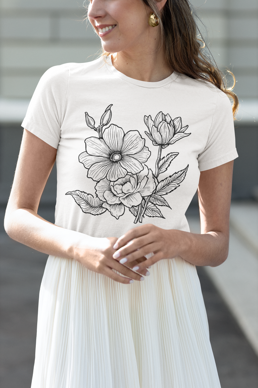 Woman wearing a nature inspired floral sketch t shirt, minimalist botanical art design