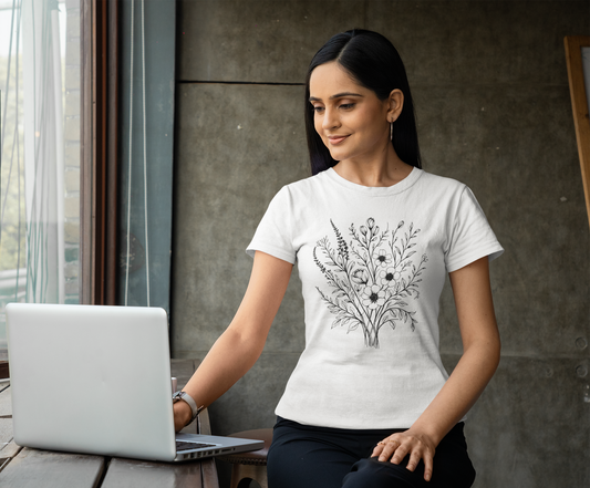 Woman wearing a white t-shirt with a black floral botanical flower graphic design, sitting at a table with a laptop.