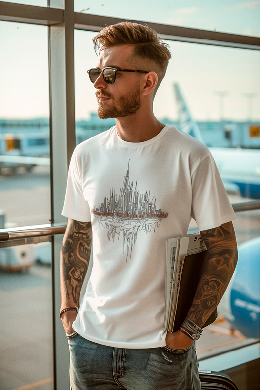 Man wearing a white t-shirt with a urban skyline graphic design by Studio Nature Design, standing in an airport terminal.