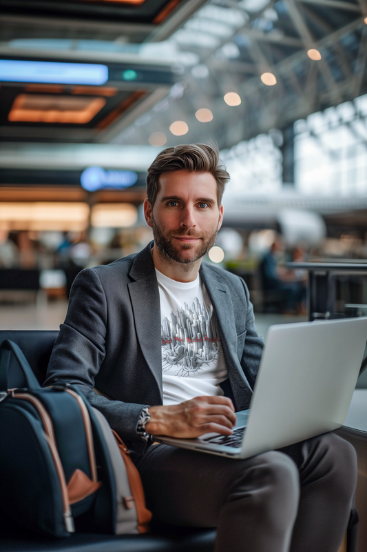 Man using a laptop in an airport terminal wearing white t-shirt with cityscape print under elegant jacket, perfect travel gift
