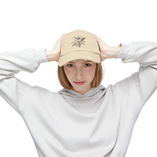 Vintage Magnolia Floral Hat - Nature-Inspired Distressed Cap