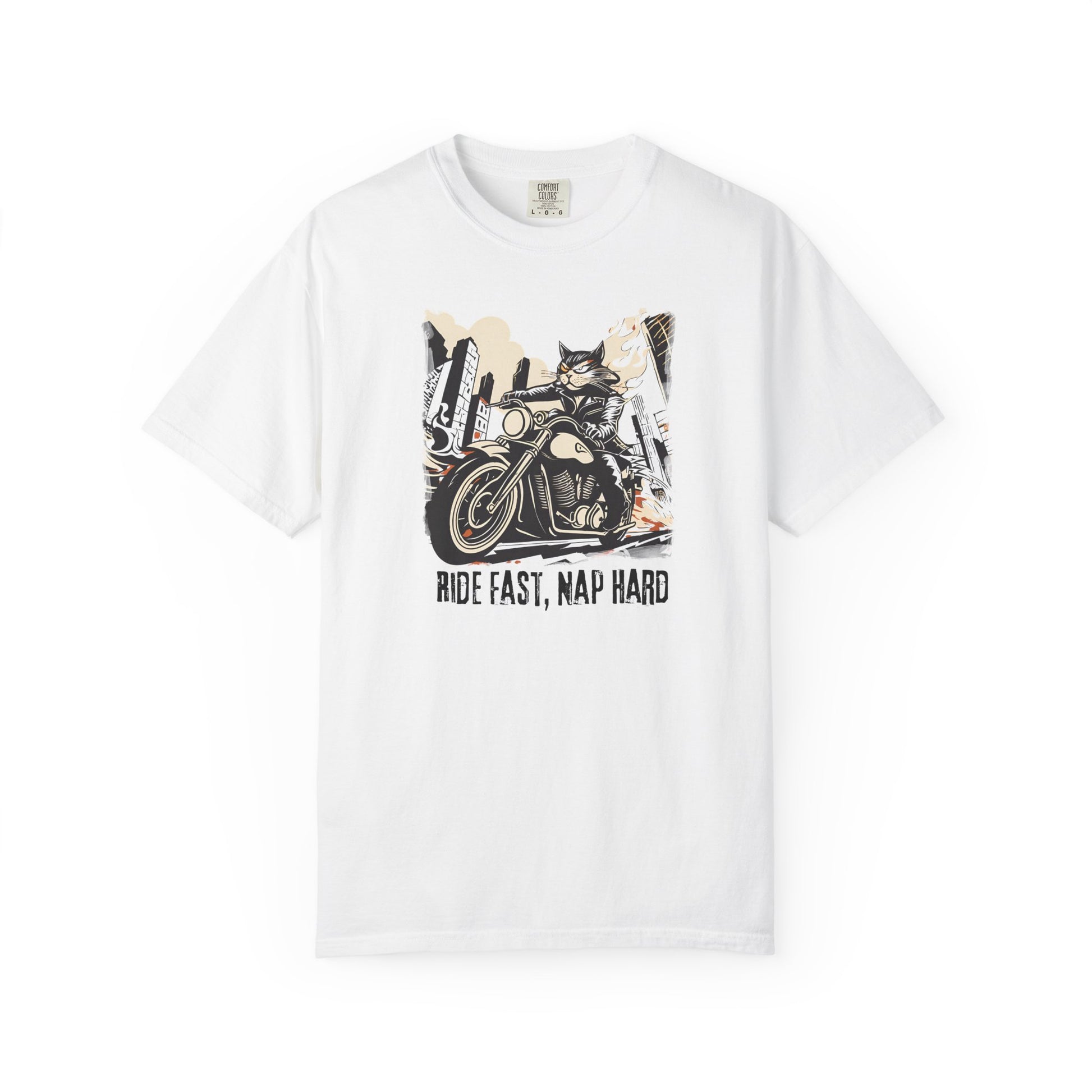 Ride Fast Nap Hard motorcycle humor t shirt with cool cat design, unique gift tee for cat lovers and road rebels