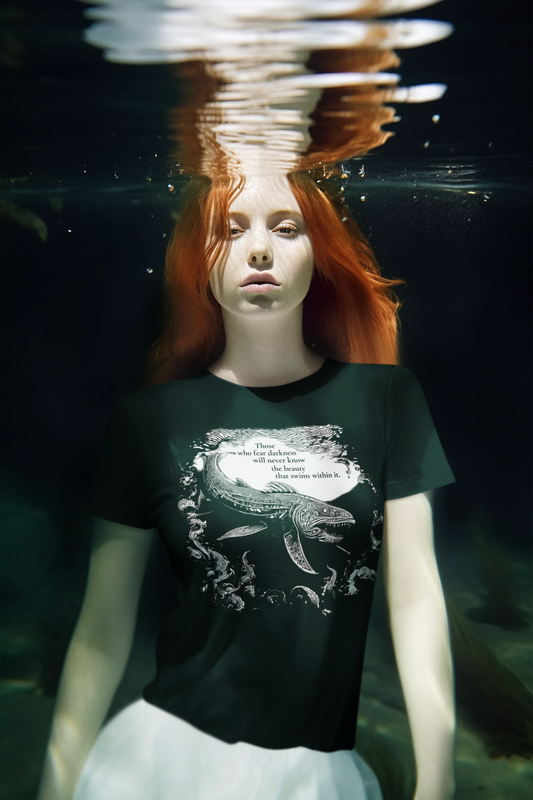 T-shirt design featuring an ornate filigree fish inspired by the mystery and elegance of deep-sea life