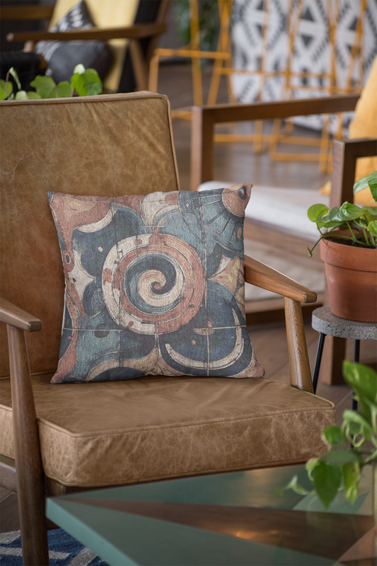 Decorative woven pillow featuring abstract spiral patterns inspired by ancient fossils and natural relics
