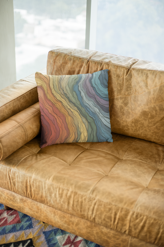 Reaction-Diffusion Pillow Case with ceramic-inspired abstract pattern and arrow motifs, printed on soft faux suede in earthy tones; double-sided for boho or modern decor.