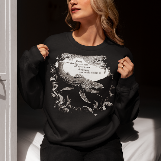 Sweatshirt featuring an intricate mystical fish design with filigree details, inspired by deep-sea elegance and oceanic mystery